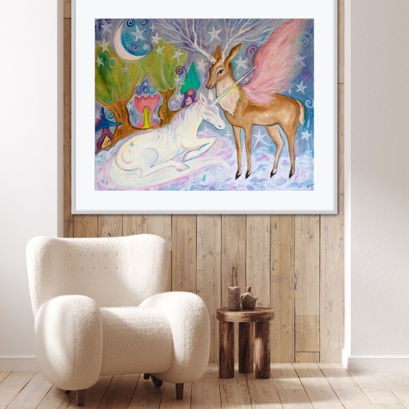 Land Whimsy Art Print unicorn fantasy fairytale castle enchanted trees moon star - Picture 3 of 7